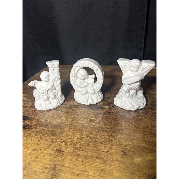 Christmas JOY Candle Holder Trio, Ceramic Bisque Cherub Angels Candleholder Set - Picture 3 of 15